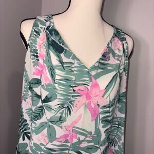 Old Navy Women's Lightweight Palm Leaf Tank Top V-Neck Pink Green Tropical
